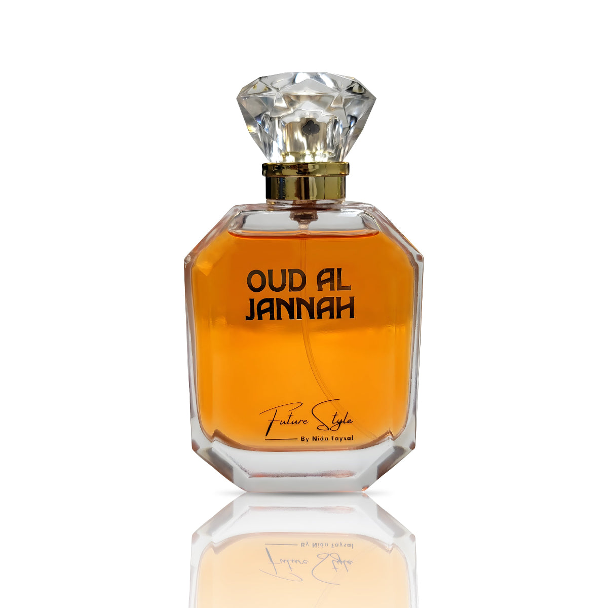 Oud Al Jannah perfume by Future Style, amber bottle with clear faceted cap