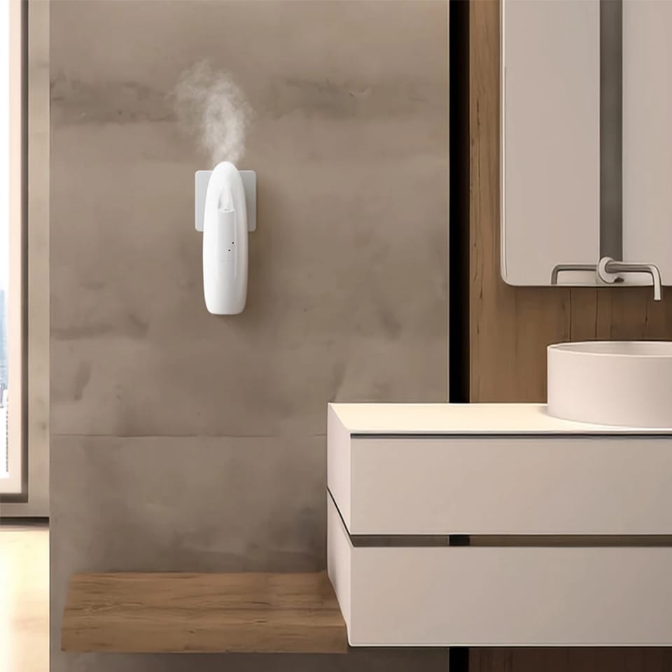Plug-in aroma diffuser releasing mist on a bathroom wall above a wooden shelf