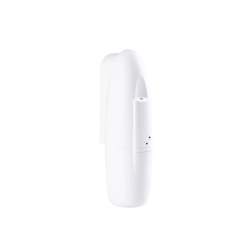Side view of white plug-in aroma diffuser with mist outlet and bottle