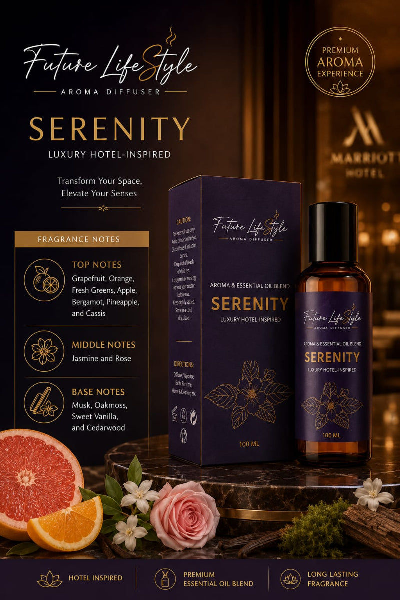 Serenity hotel-inspired aroma oil 100ml bottle and box with fragrance notes, Future Life Style Pakistan
