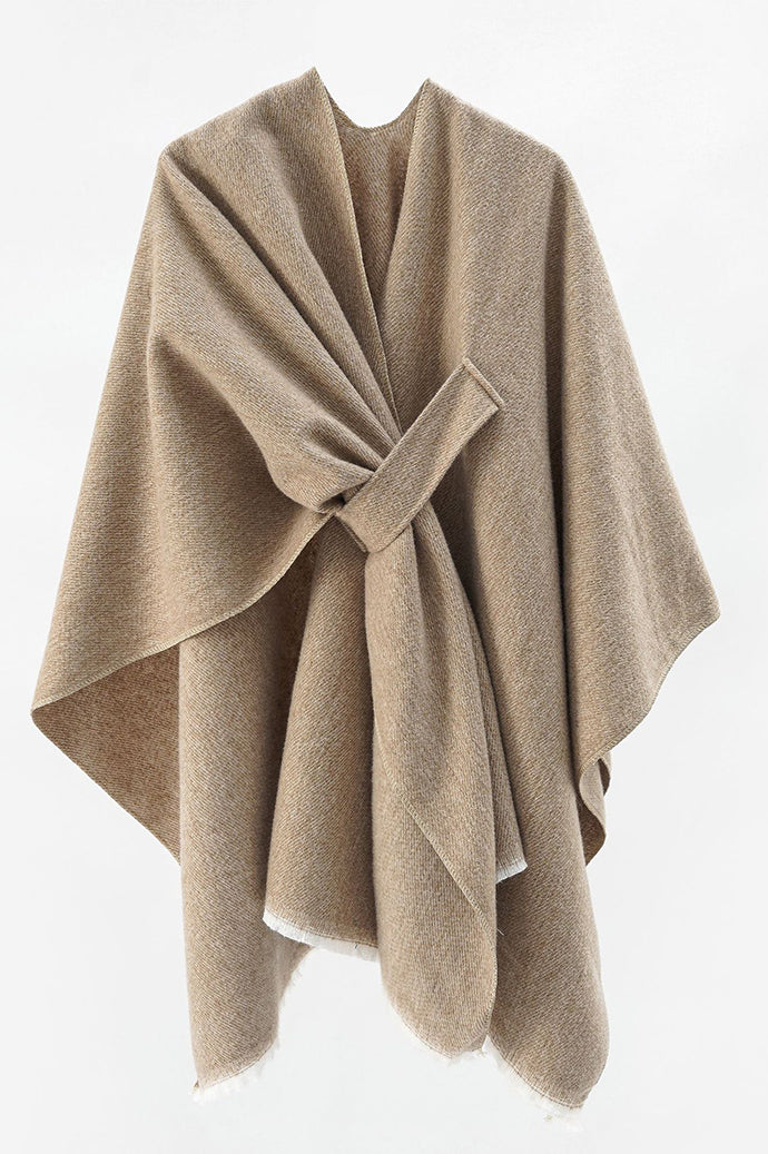 Beige winter shawl cape for women with a cross-over front and frayed hem, Future Style Pakistan