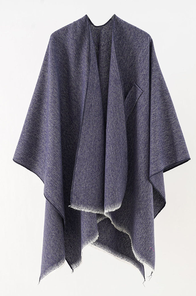 Blue winter shawl cape for women with a cross-over front and frayed hem, Future Style Pakistan