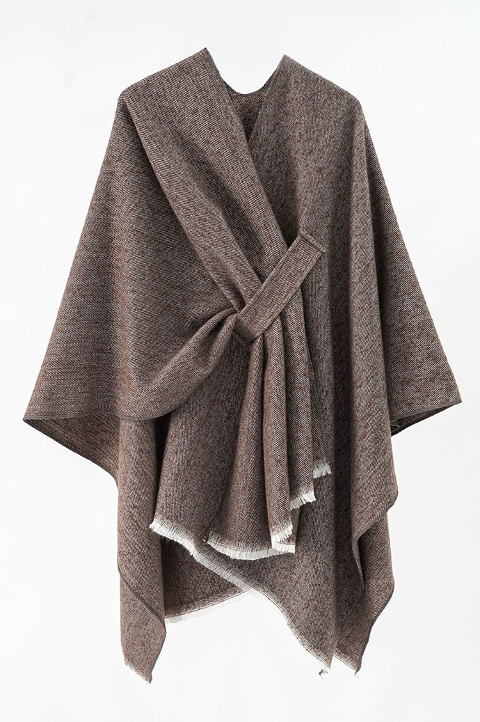 Brown winter shawl cape for women with a front cross-over loop and frayed edge, Future Style Pakistan