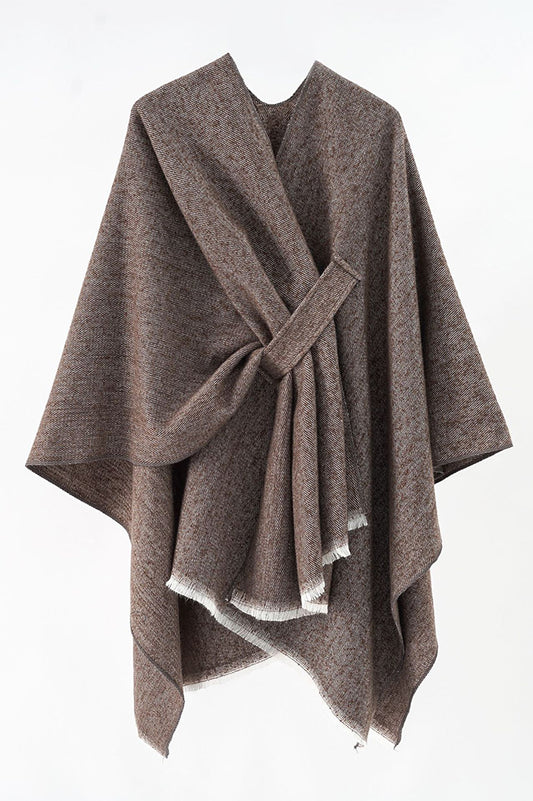 Brown winter shawl cape for women with a front cross-over loop and frayed edge, Future Style Pakistan