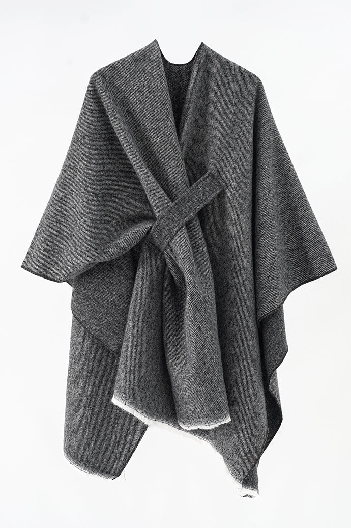 Grey winter shawl cape for women with a cross-over front and frayed hem, Future Style Pakistan