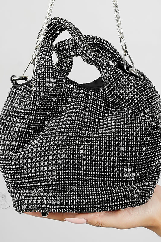 Stellar black crystal bucket bag with chain strap held in hand, Future Style Pakistan