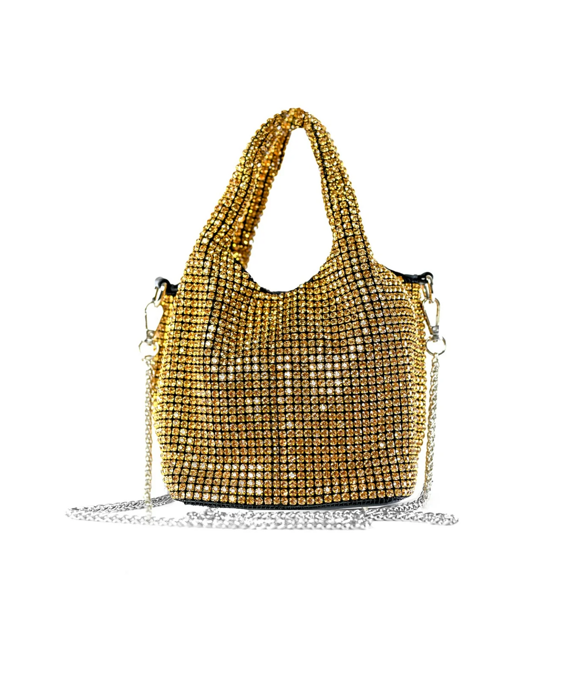 Stellar gold crystal bucket bag with chain strap, product view