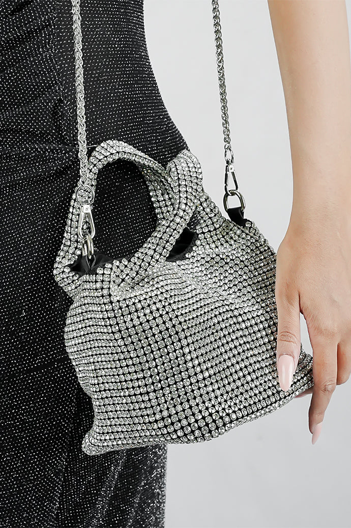 Stellar silver crystal bucket bag with chain strap worn crossbody