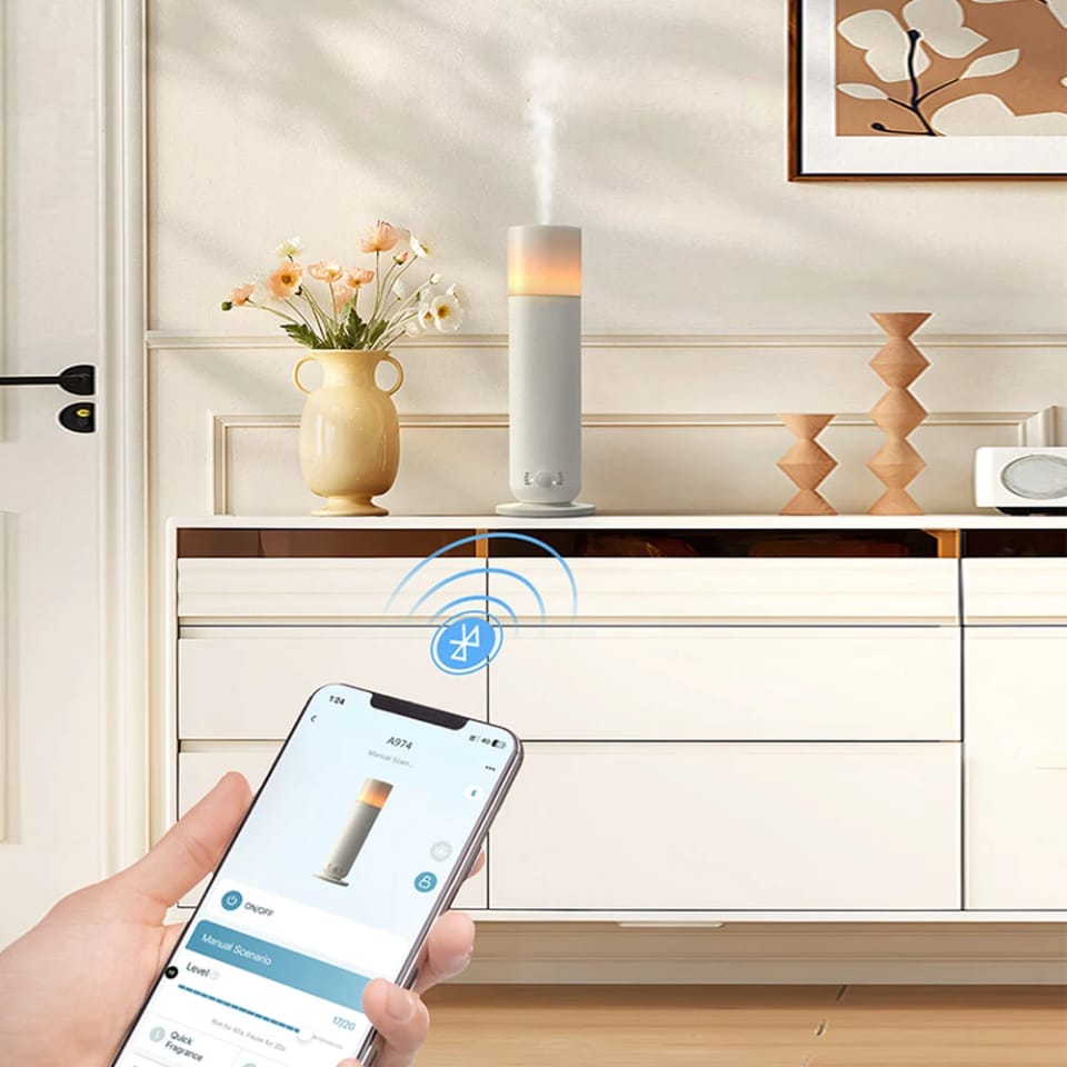 Textured Tower aroma diffuser on a console controlled by phone over Bluetooth