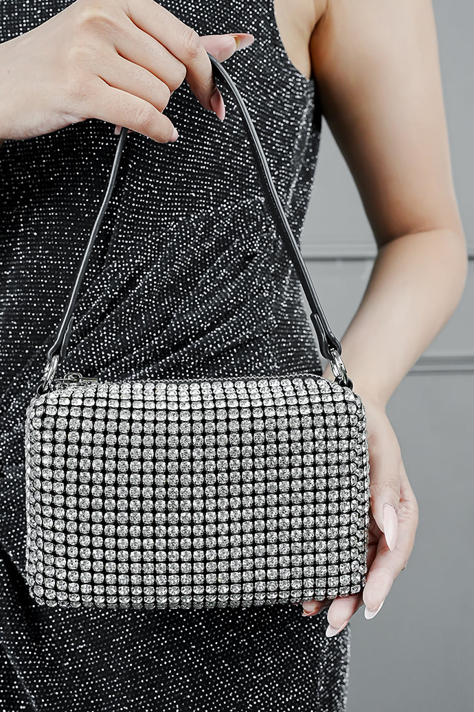 Wang Large silver rectangle bag with black strap, front view on a model