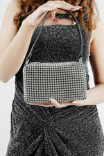Wang Large silver bag with black strap held in front with both hands